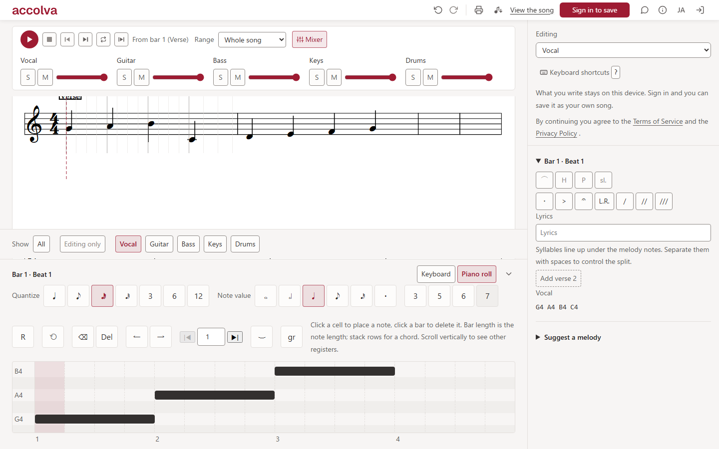The accolva piano roll: notes shown as bars, matching the staff above