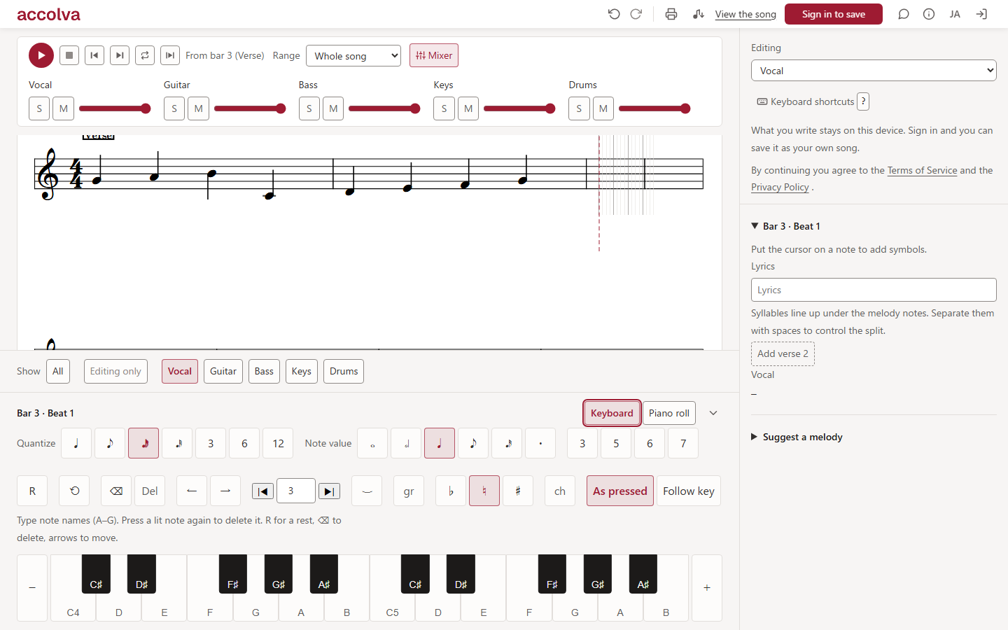 The accolva editor: the score on top, the keyboard input pad docked below