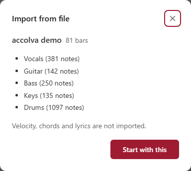 The import report: bar count, and the notes per part