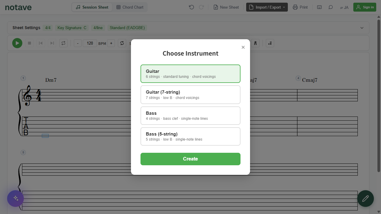 Instrument picker (New Sheet)