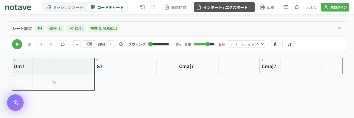 コードチャートにII-V-Iを入力したところ