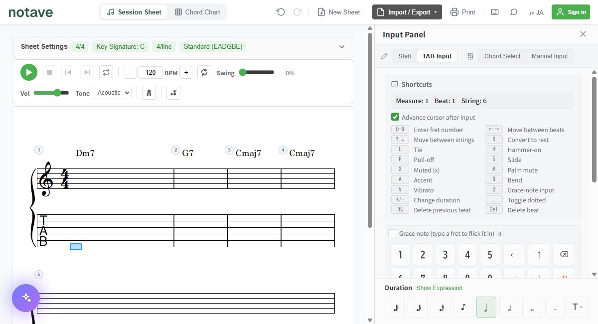 Back in Session Sheet, entering the phrase with TAB input
