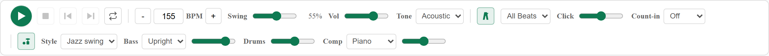Metronome and backing-band settings on the playback bar