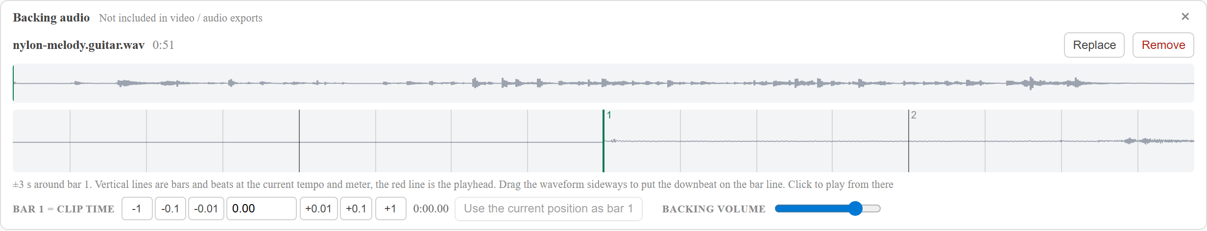 notave's backing panel: the loaded clip's waveform, and a zoomed strip around bar 1 with bar and beat lines over it