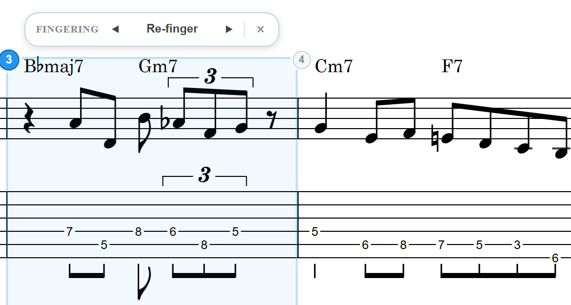 The re-finger chip above a bar: Fingering, ◀ Re-finger ▶, and a close button