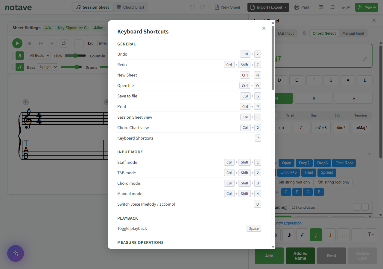 Keyboard shortcuts dialog