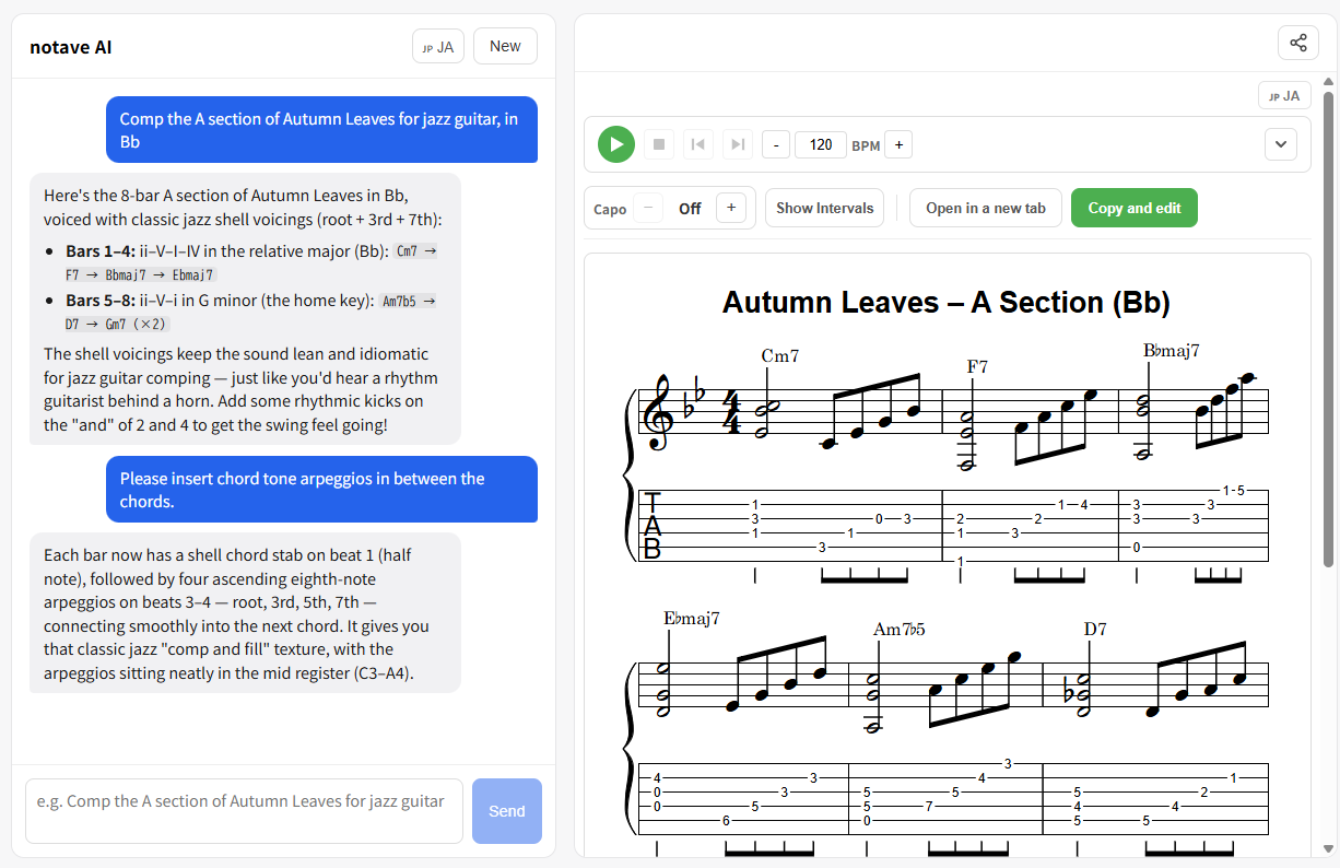 The notave AI chat — type what you want and a sheet is generated on the right