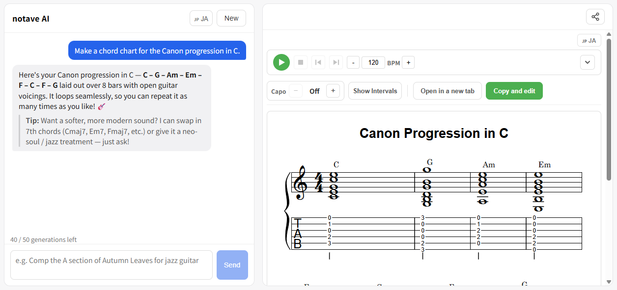 Sending a request to make a chord sheet for the canon progression in C