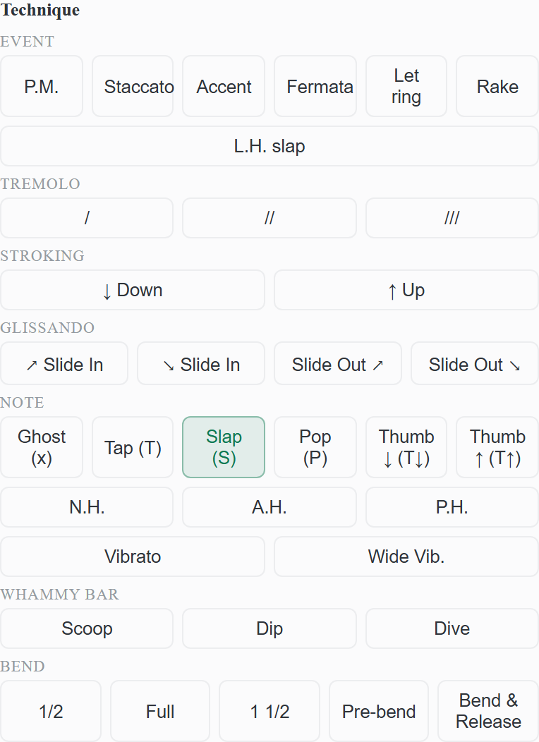 The technique palette on a bass chart — Rake, L.H. slap, Ghost, Thumb ↓ / Thumb ↑