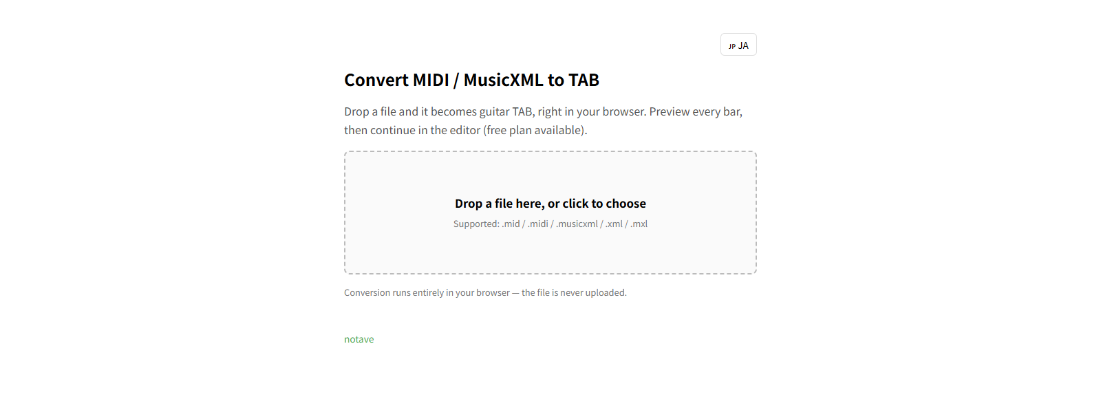 notave's converter page — drop a MIDI or MusicXML file and it becomes guitar TAB, right in the browser