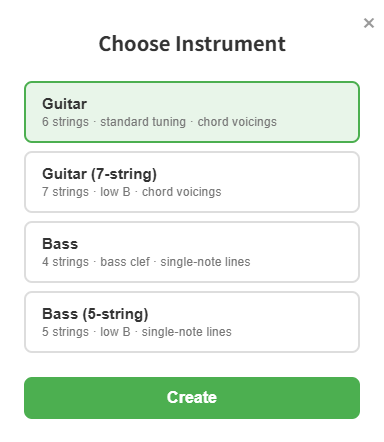New sheet dialog — Guitar, Guitar (7-string), Bass, and Bass (5-string)