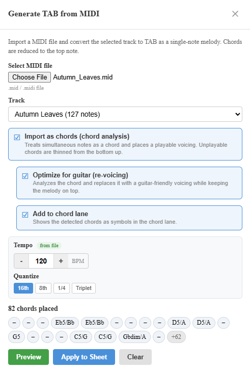 Chord-mode options: import as chords, optimize for guitar, and reflect in the chord lane