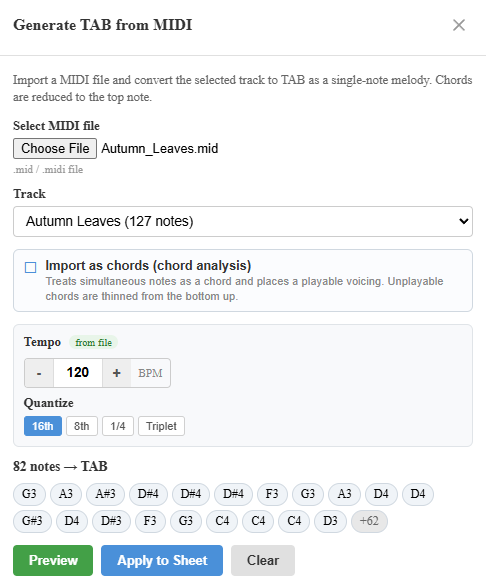 notave's MIDI import dialog — load a MIDI file, pick a track, and convert it to TAB