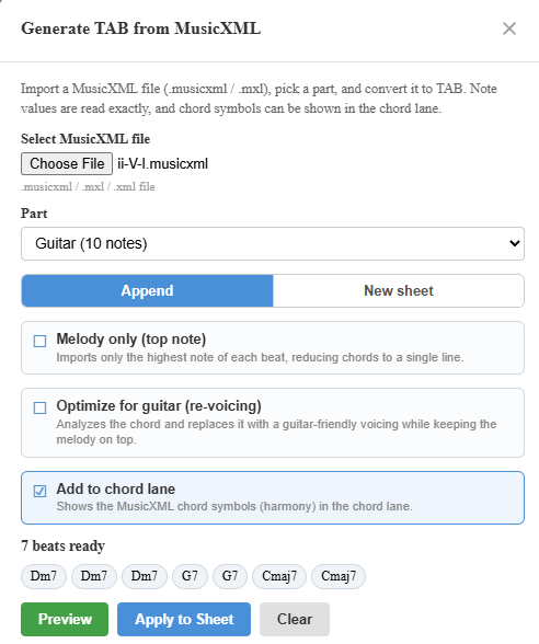 MusicXML import options: melody only, optimize for guitar, and reflect in the chord lane