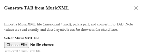 notave's MusicXML import dialog — load a MusicXML file, pick a part, and convert it to TAB