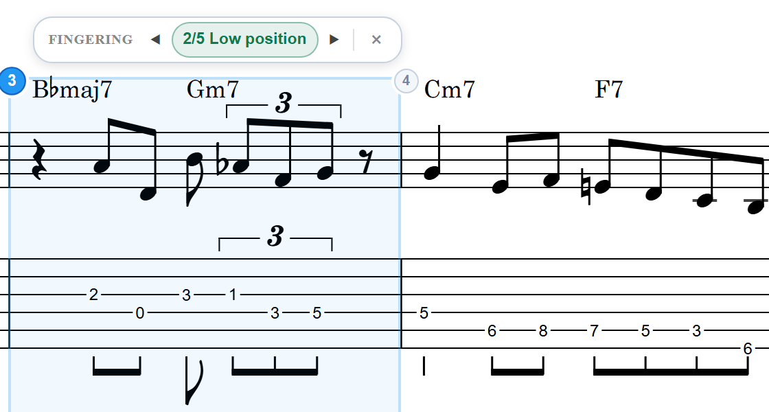 The same bar re-fingered to Low position: a phrase that sat on frets 7–8 now uses open strings and frets 1–3