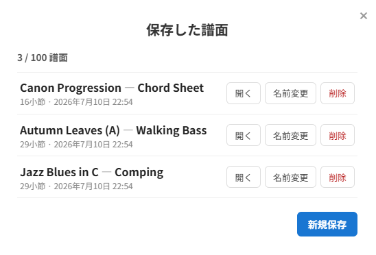 「保存した譜面」ダイアログ — クラウドに保存した譜面の一覧から開く・名前変更・削除ができる