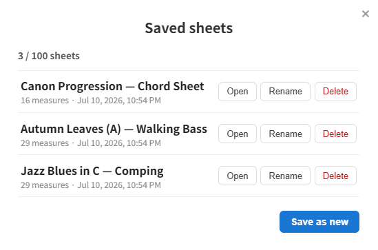Saved sheets dialog — a list of sheets stored in the cloud, with open, rename, and delete