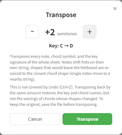 notave's Transpose dialog. The ± buttons set the amount in semitones, with a preview of the resulting key (C → D)